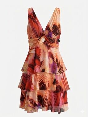 Bisou Bisou Abstract Print Tiered Midi Dress Size 16 V-Neck